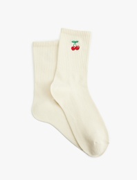Kiraz İşlemeli Pamuklu Soket Çorap