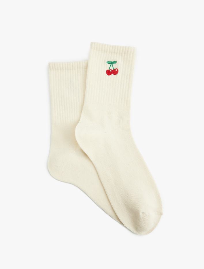 Kadın Kiraz İşlemeli Pamuklu Soket Çorap