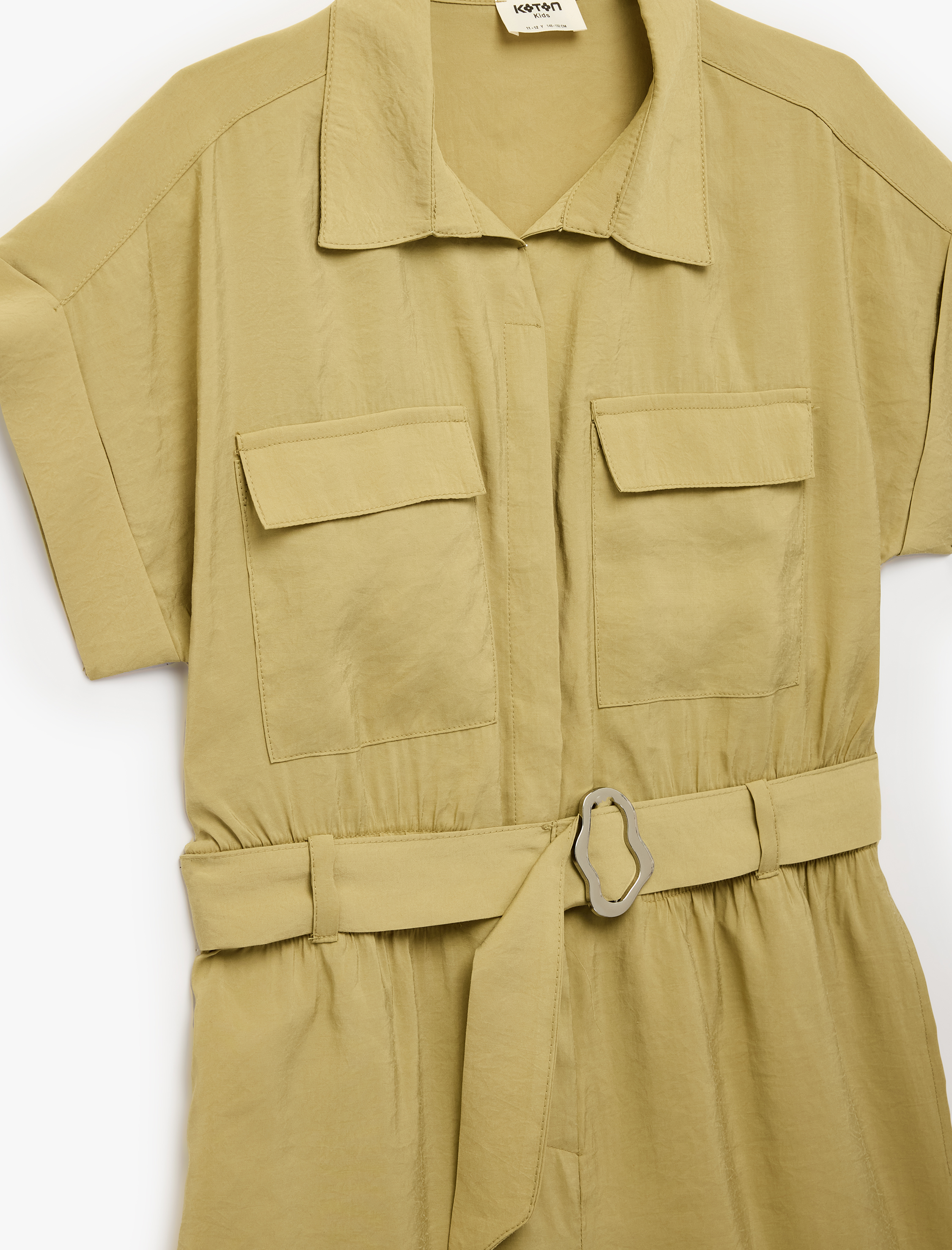  Kız Çocuk Kısa Kollu Gömlek Yaka Kapaklı Cepli Kuşaklı Modal Tulum