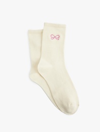 Kurdele İşlemeli Pamuklu Soket Çorap
