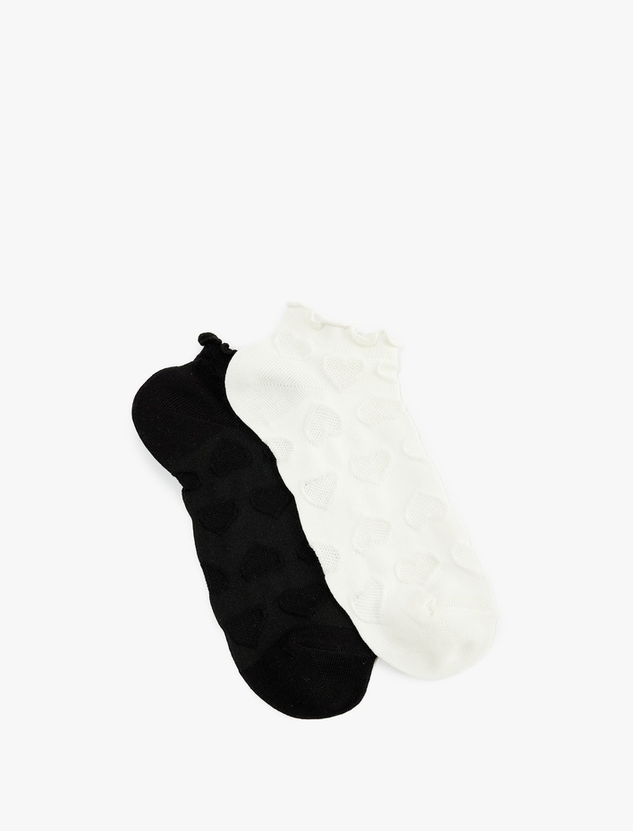 Kadın Kalp Dokulu Pamuklu Fırfırlı Çok Renkli 2'li Patik Çorap Seti