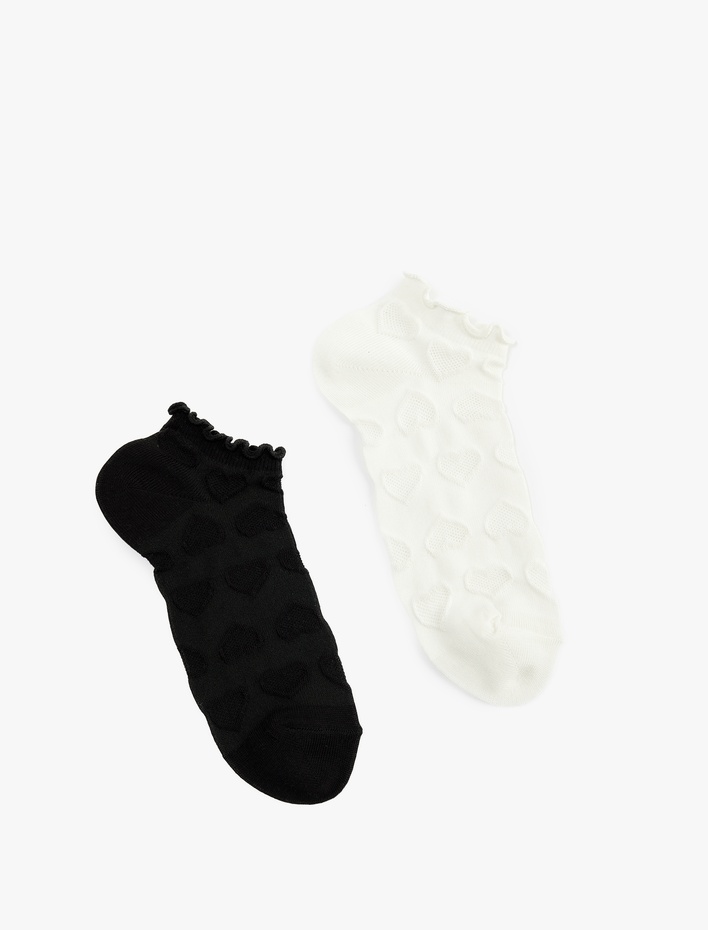 Kadın Kalp Dokulu Pamuklu Fırfırlı Çok Renkli 2'li Patik Çorap Seti