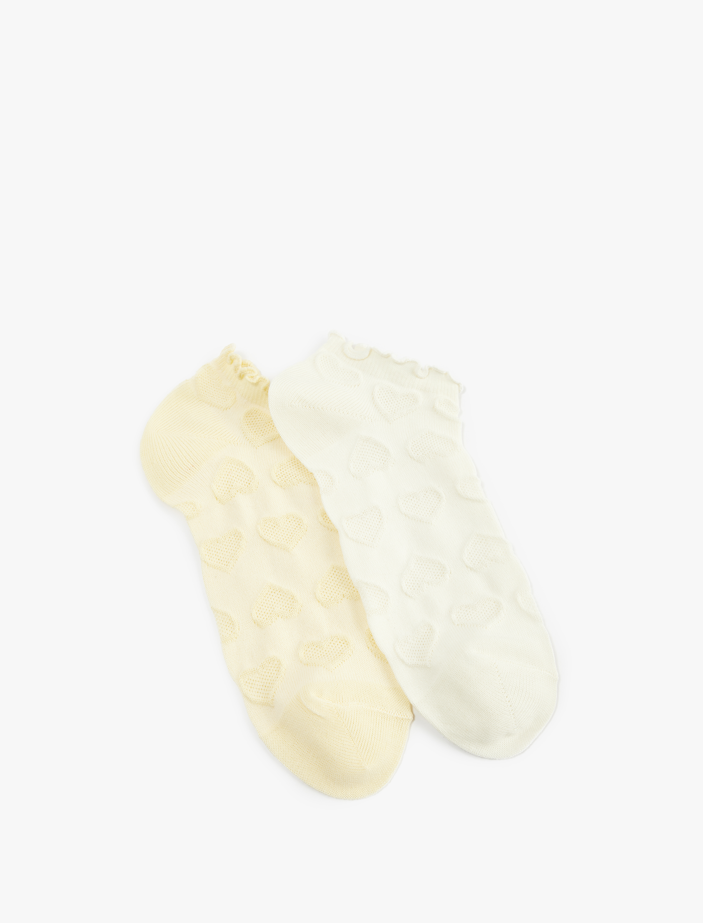  Kadın Kalp Dokulu Pamuklu Fırfırlı Çok Renkli 2'li Patik Çorap Seti