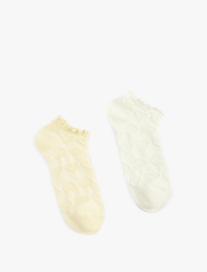 Kadın Kalp Dokulu Pamuklu Fırfırlı Çok Renkli 2'li Patik Çorap Seti