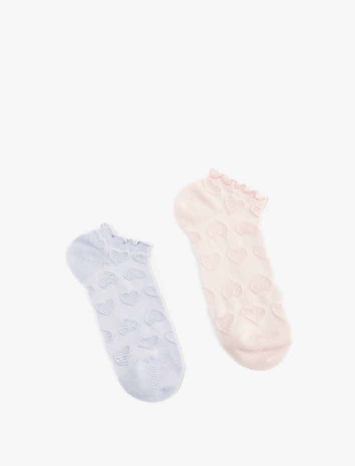Kadın Kalp Dokulu Pamuklu Fırfırlı Çok Renkli 2'li Patik Çorap Seti