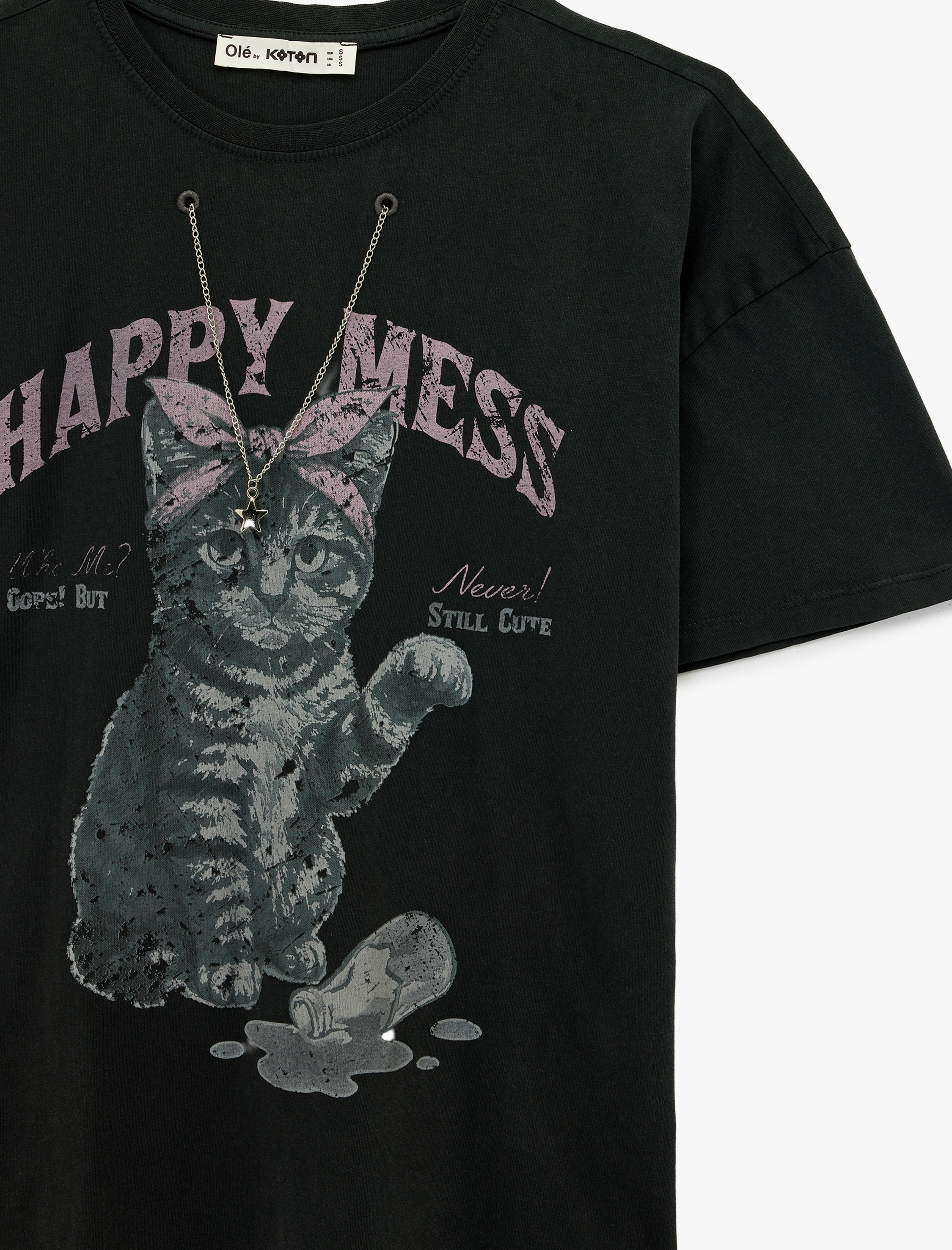   Kısa Kollu Zincir Kolye Detaylı Pamuklu Kedi Baskılı Tişört