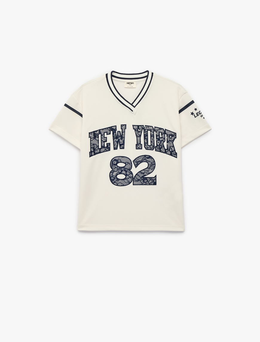 Koton V Yaka Kısa Kollu Taş Detaylı Baskılı T-Shirt