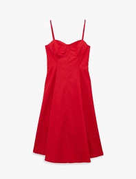 Slim Fit Kalp Yaka Kolsuz Pamuklu İp Askılı Volanlı Poplin Uzun Elbise