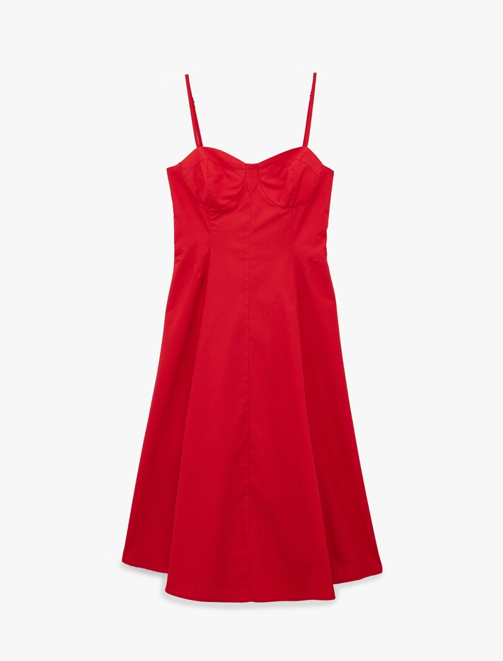  Slim Fit Kalp Yaka Kolsuz Pamuklu İp Askılı Volanlı Poplin Uzun Elbise