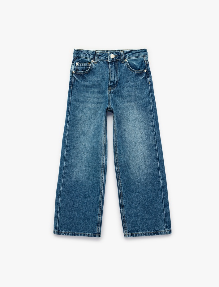 Kız Çocuk Pamuklu Yıldız Detaylı Cepli Geniş Paça Denim Pantolon