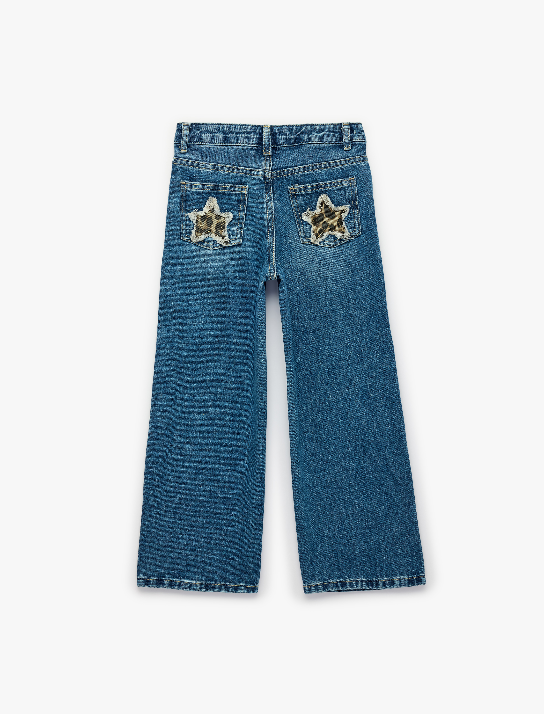  Kız Çocuk Pamuklu Yıldız Detaylı Cepli Geniş Paça Denim Pantolon