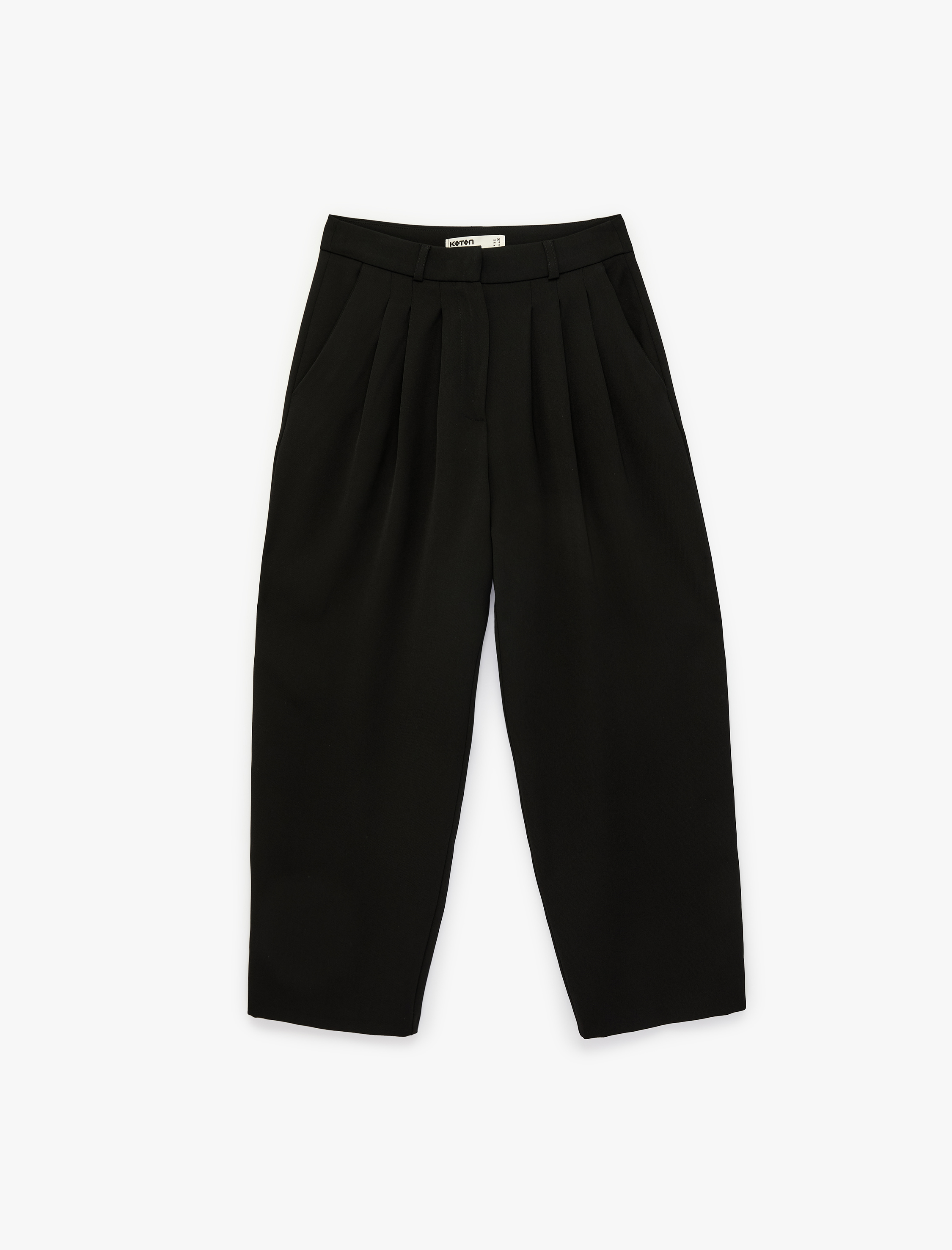   Cep Detaylı Yüksek Bel Bol Kesim Krep Kumaş Pileli Pantolon