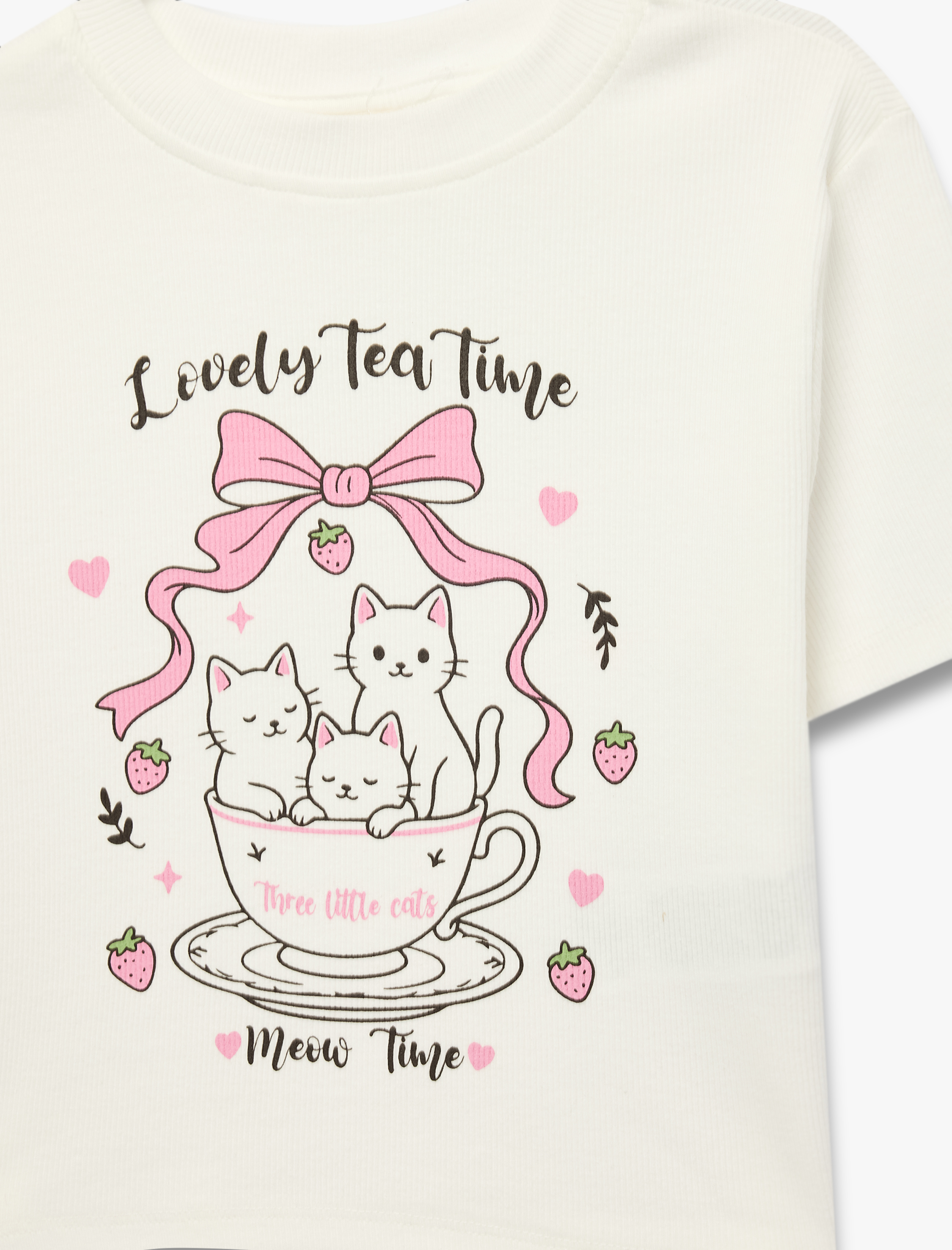  Kız Çocuk Bisiklet Yaka Kısa Kollu Pamuklu Kedi Baskılı Tişört