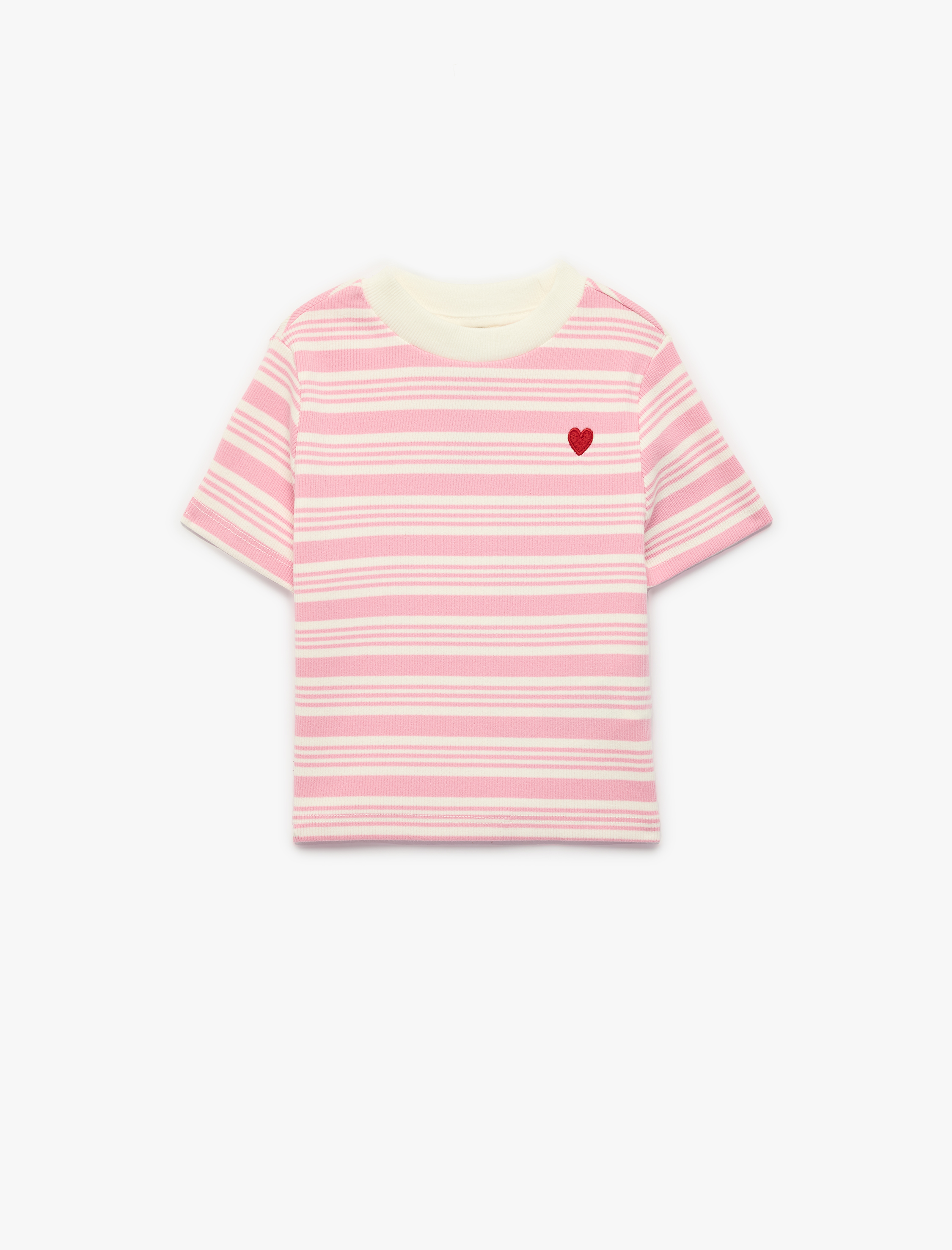  Kız Çocuk Pamuklu Bisiklet Yaka Kısa Kollu Kalp Nakış Detaylı Çizgili Tişört