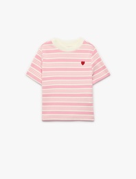 Pamuklu Bisiklet Yaka Kısa Kollu Kalp Nakış Detaylı Çizgili Tişört