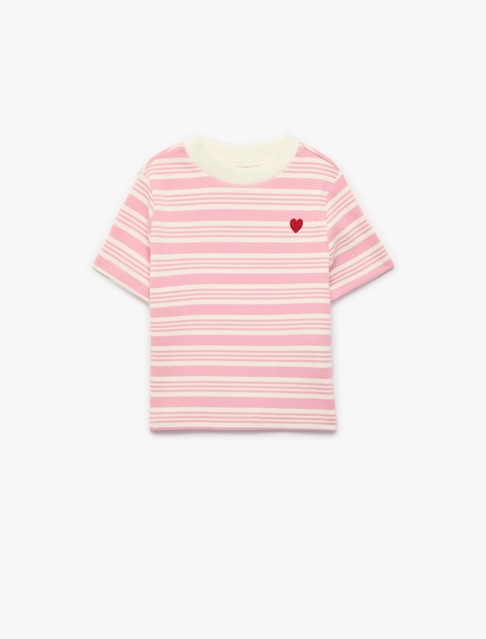 Kız Çocuk Pamuklu Bisiklet Yaka Kısa Kollu Kalp Nakış Detaylı Çizgili Tişört