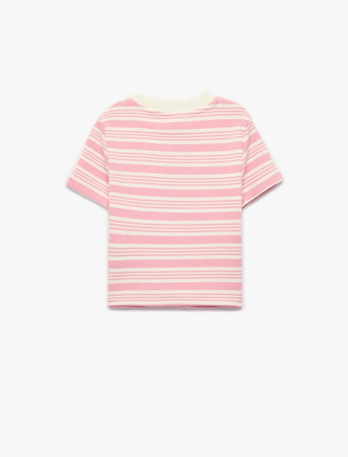 Kız Çocuk Pamuklu Bisiklet Yaka Kısa Kollu Kalp Nakış Detaylı Çizgili Tişört