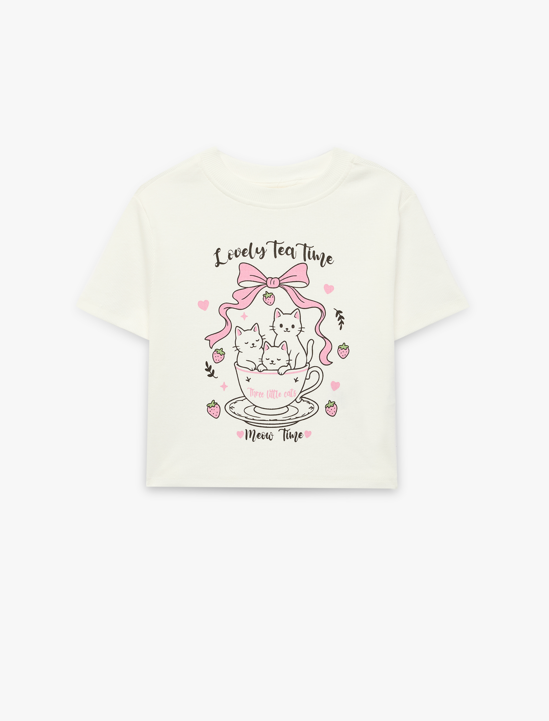 Kız Çocuk Bisiklet Yaka Kısa Kollu Pamuklu Kedi Baskılı Tişört