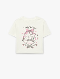 Bisiklet Yaka Kısa Kollu Pamuklu Kedi Baskılı Tişört