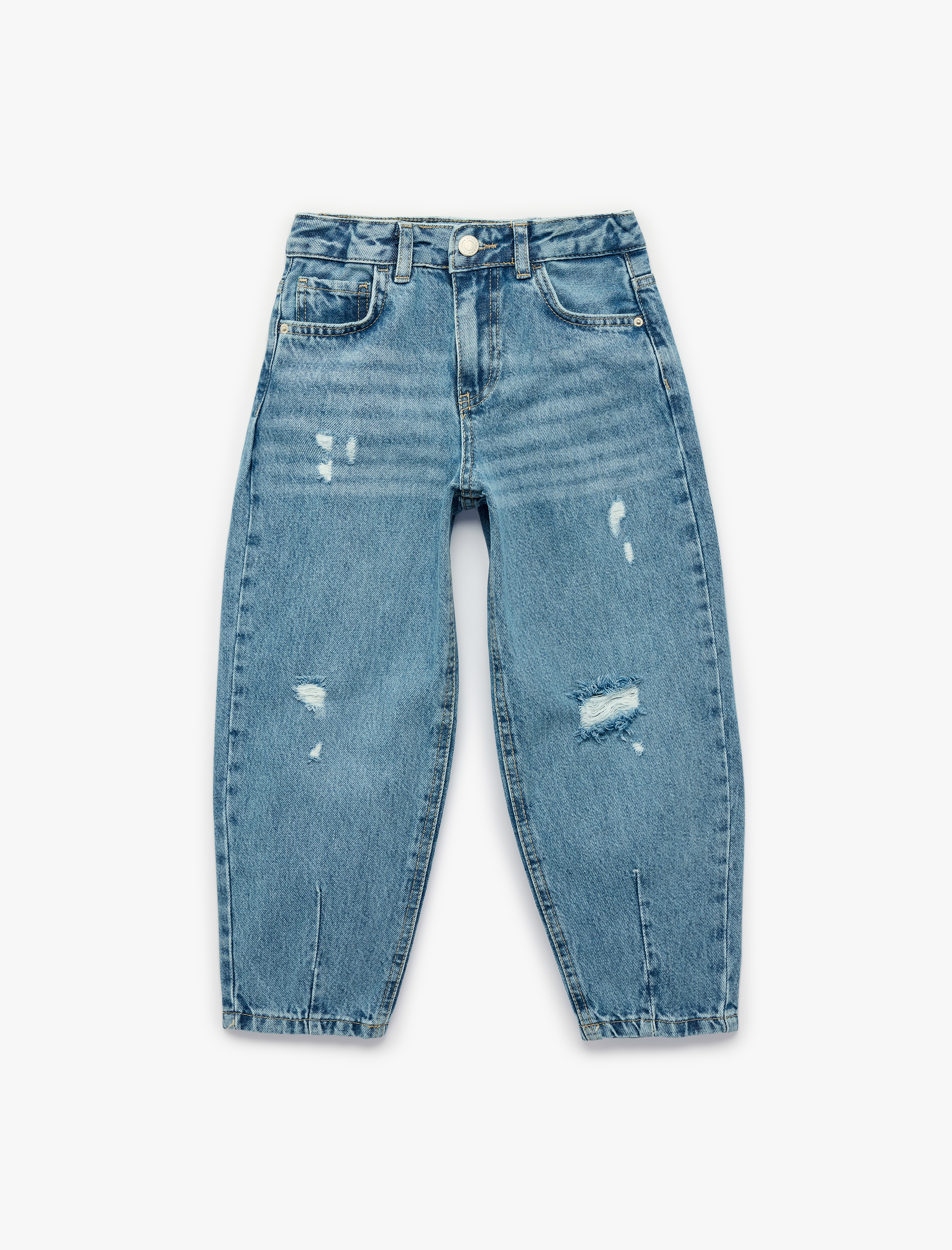  Kız Çocuk Yüksek Bel Pamuklu Balon Kesim Denim Pantolon