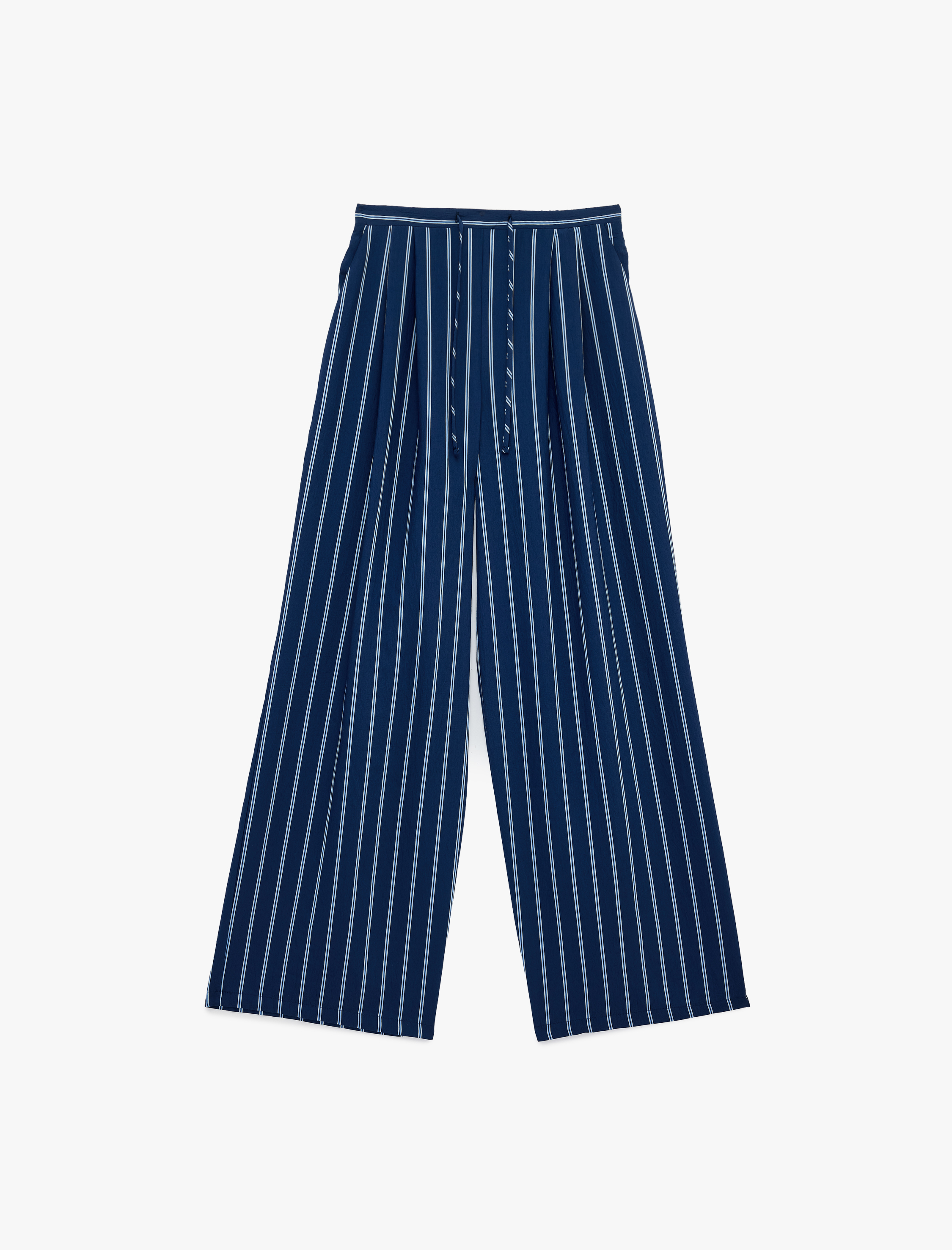   Beli Bağlamalı Cepli Çizgili Geniş Paça Palazzo Pantolon