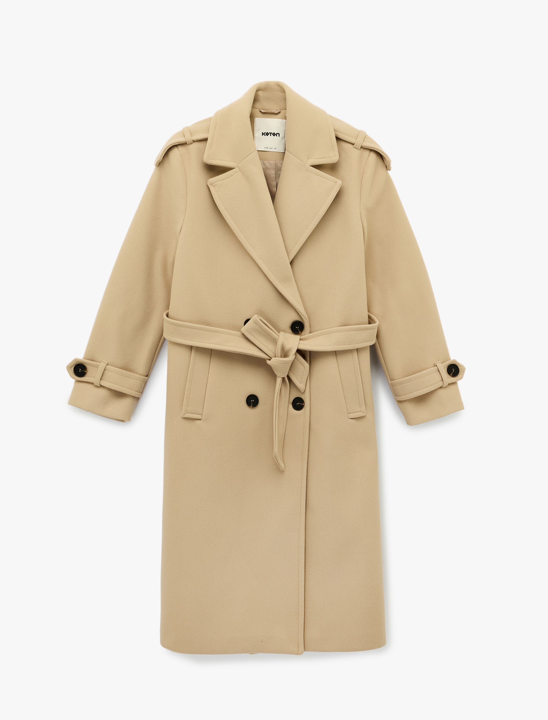   Uzun Kollu Cepli Düğmeli Kuşak Detaylı Kruvaze Kaşe Trenç Kaban