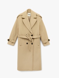 Uzun Kollu Cepli Düğmeli Kuşak Detaylı Kruvaze Kaşe Trenç Kaban