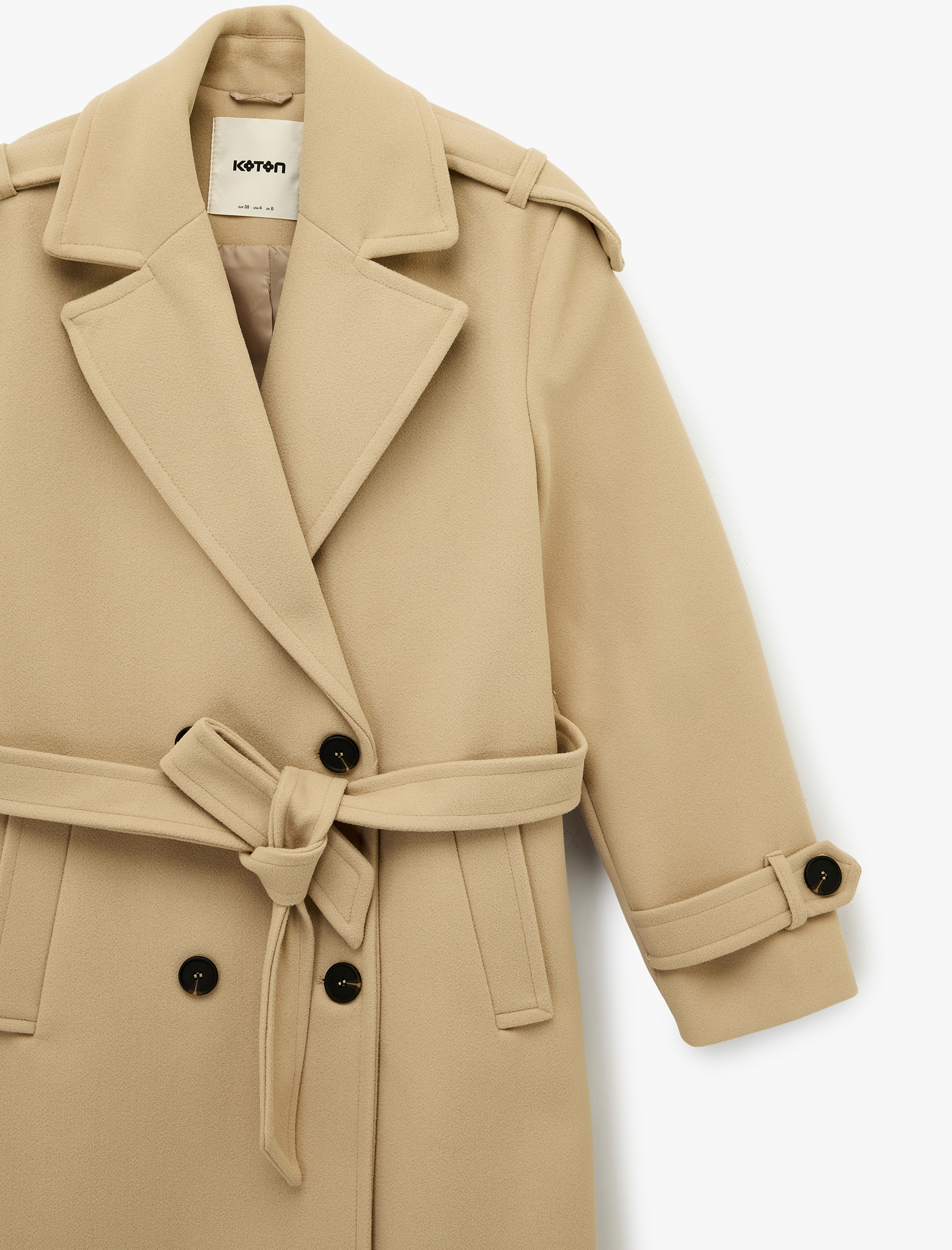   Uzun Kollu Cepli Düğmeli Kuşak Detaylı Kruvaze Kaşe Trenç Kaban