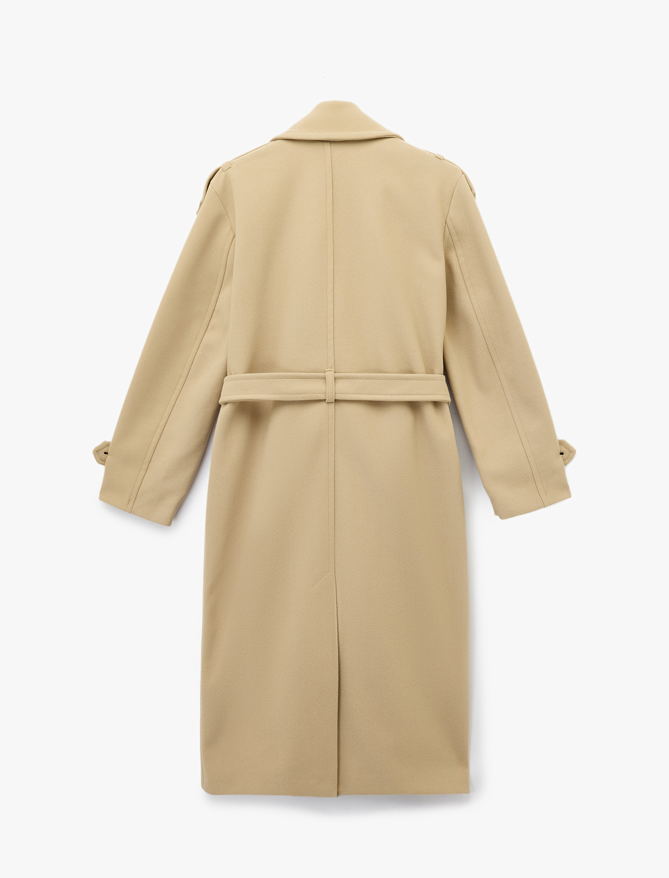   Uzun Kollu Cepli Düğmeli Kuşak Detaylı Kruvaze Kaşe Trenç Kaban