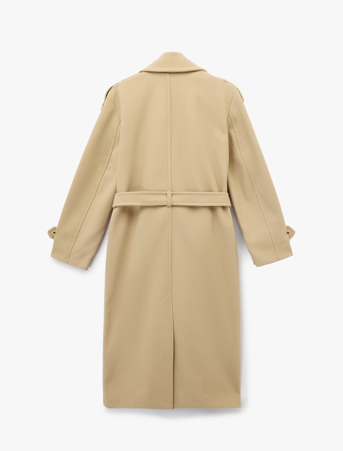  Uzun Kollu Cepli Düğmeli Kuşak Detaylı Kruvaze Kaşe Trenç Kaban