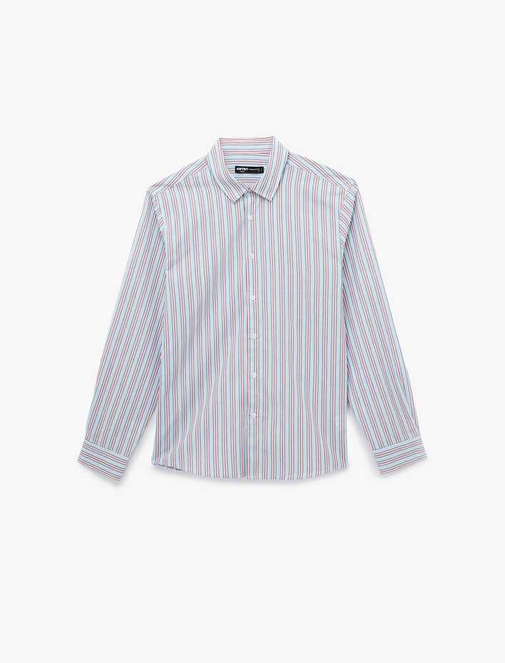  Regular Fit Klasik Yaka Poplin Pamuklu Uzun Kollu Çizgili Gömlek