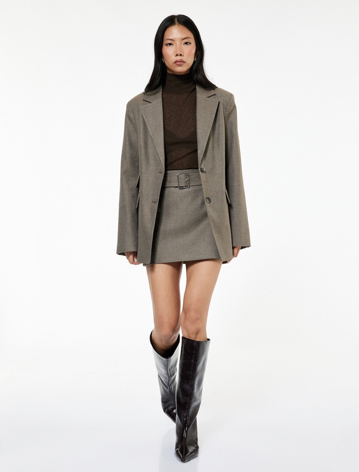  Viskon Karışımlı Geniş Yaka Uzun Kollu Düğmeli Cep Detaylı Blazer Ceket