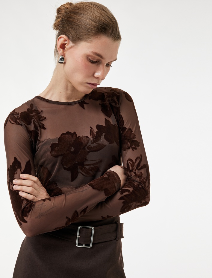  Uzun Kollu Bisiklet Yaka Çiçekli Tül Transparan Bluz