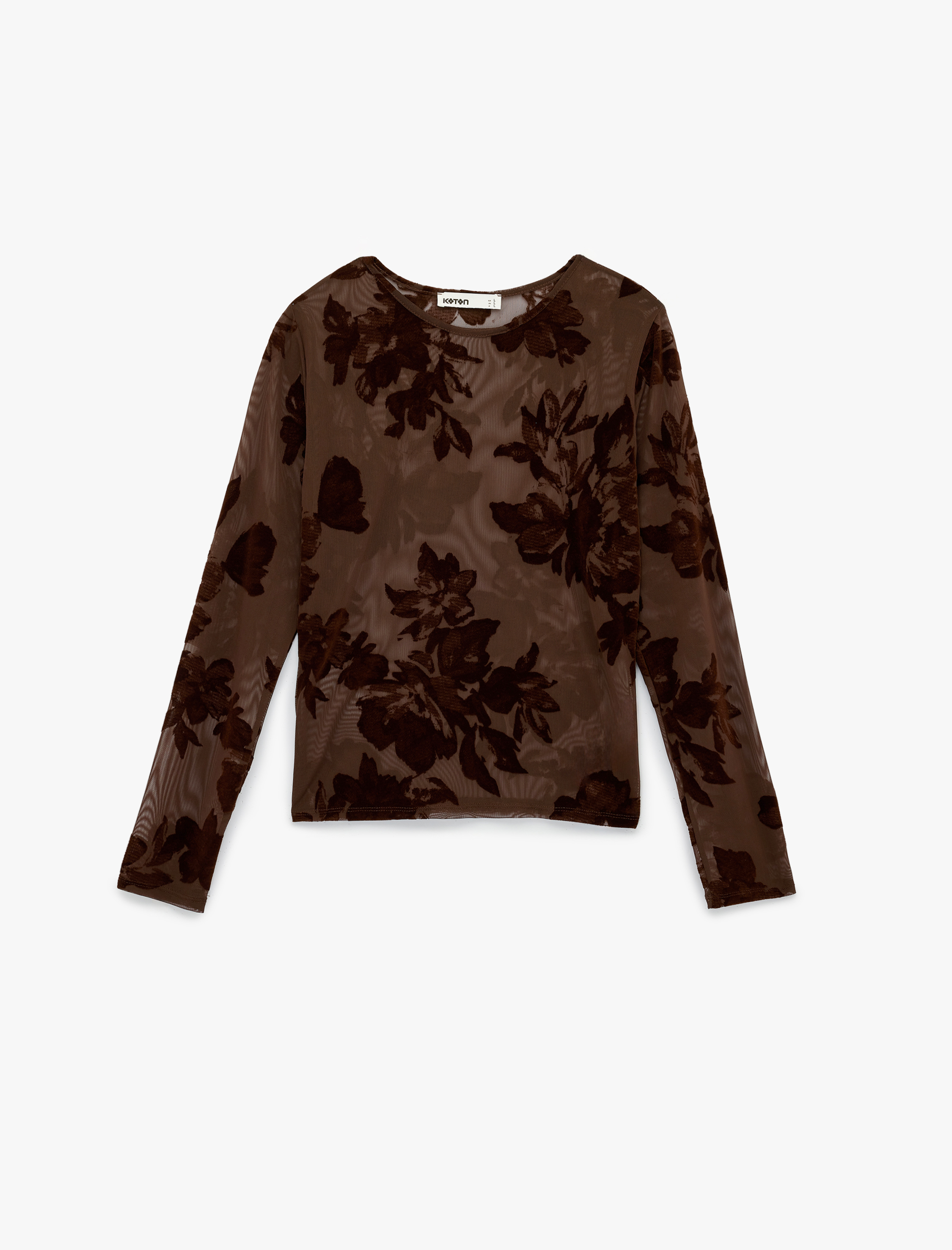   Uzun Kollu Bisiklet Yaka Çiçekli Tül Transparan Bluz