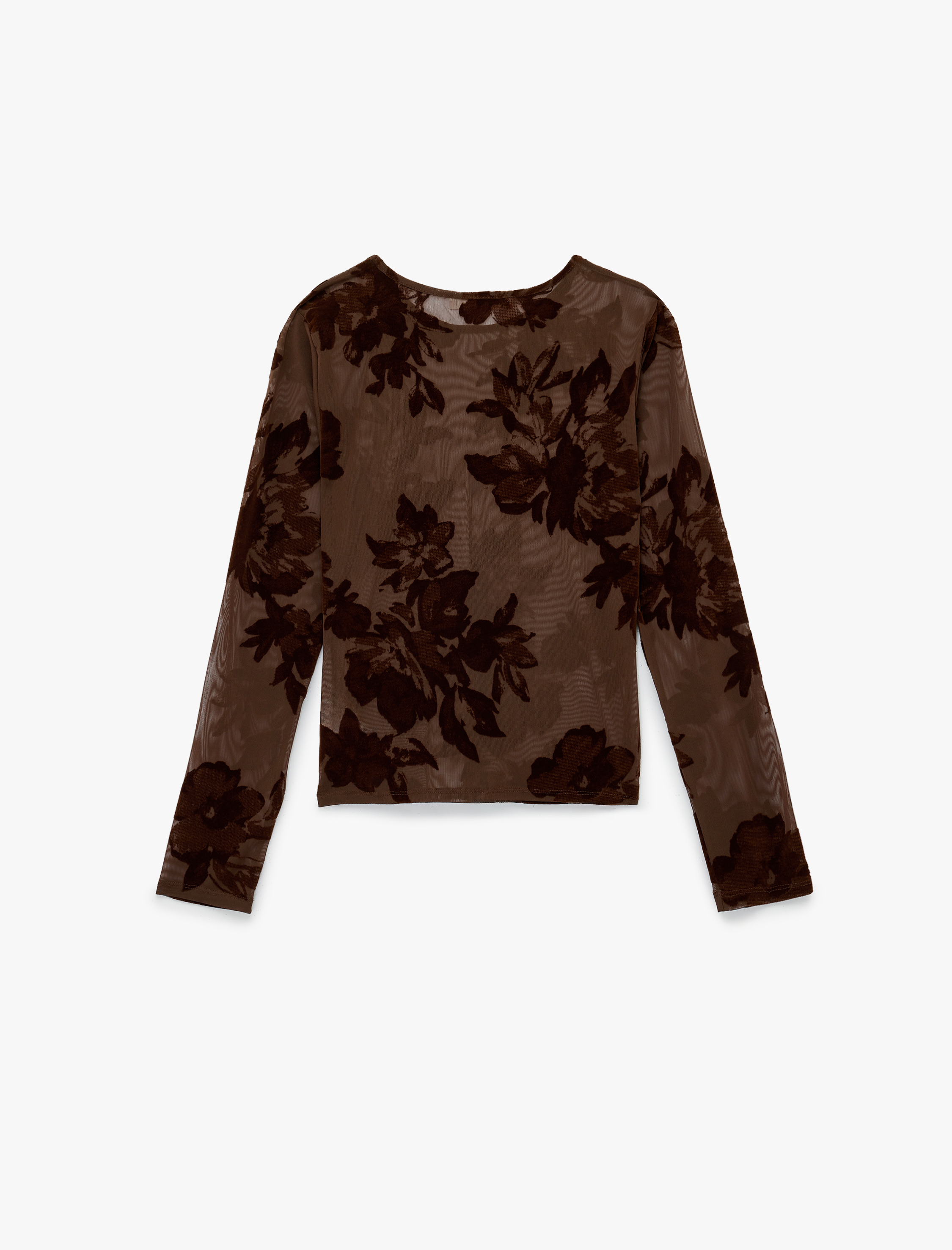   Uzun Kollu Bisiklet Yaka Çiçekli Tül Transparan Bluz