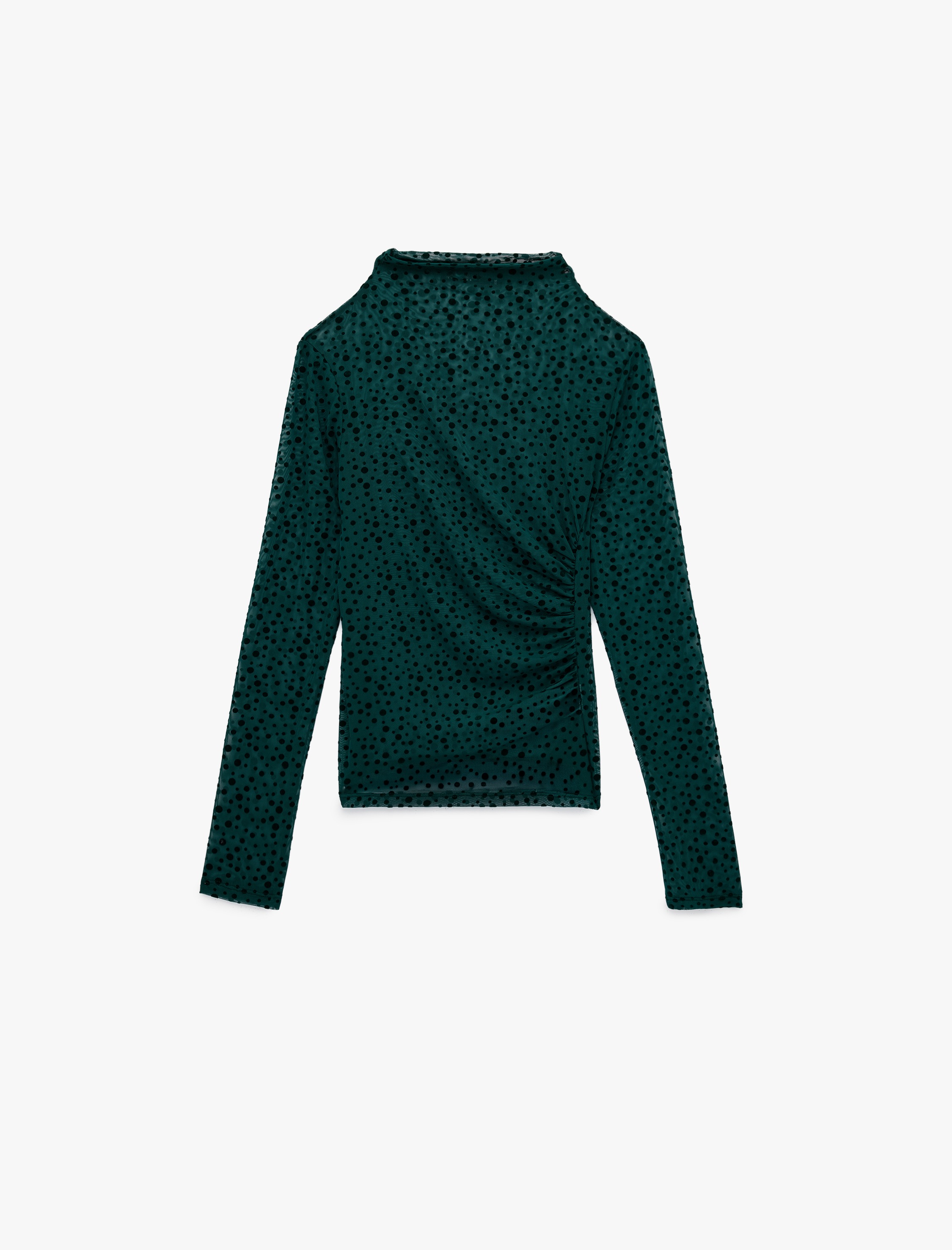   Slim Fit Uzun Kollu Geniş Dik Yaka Puantiyeli Tül Bluz