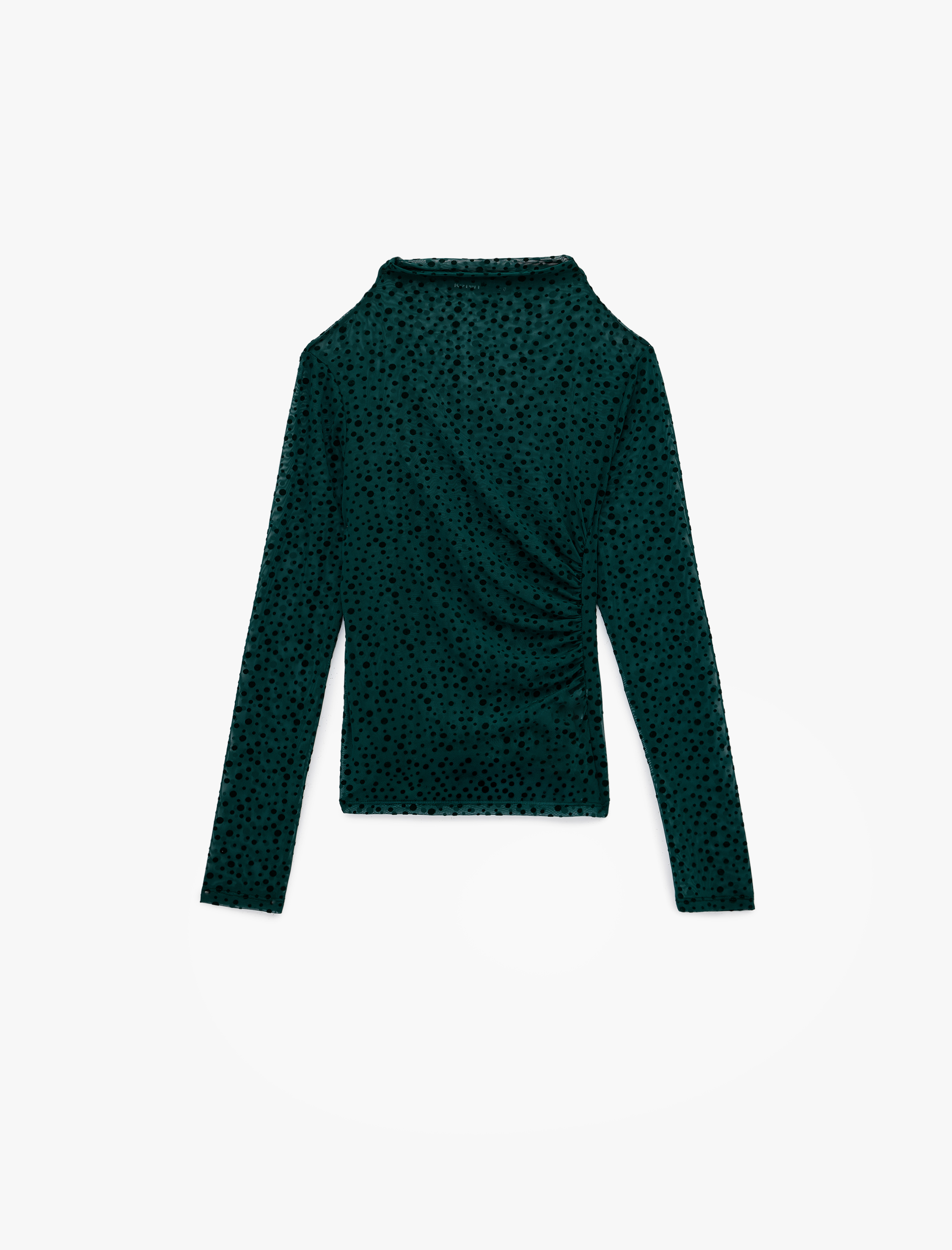   Slim Fit Uzun Kollu Geniş Dik Yaka Puantiyeli Tül Bluz