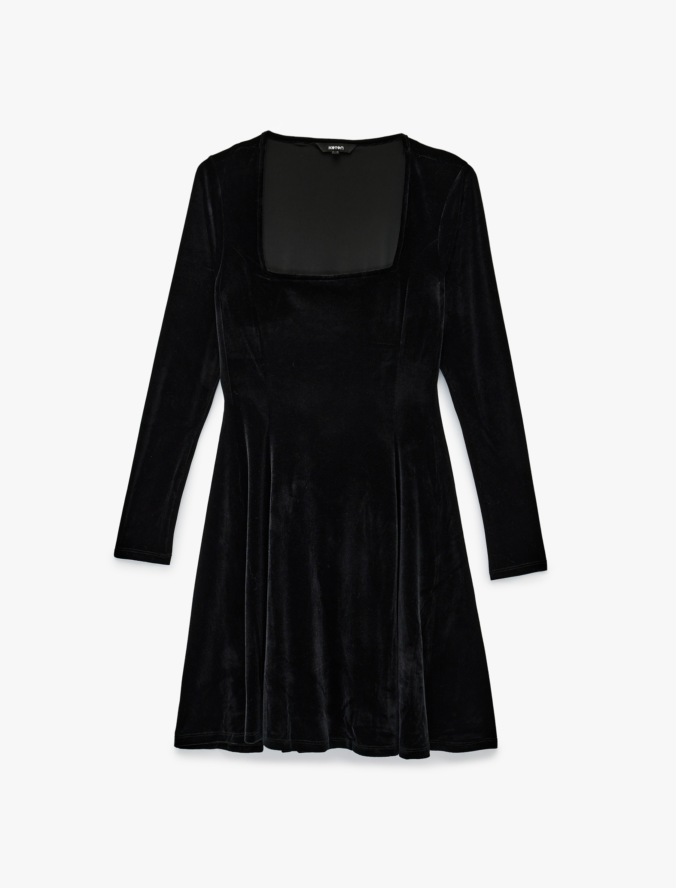   Uzun Kollu Kare Yaka Mini Kadife Elbise