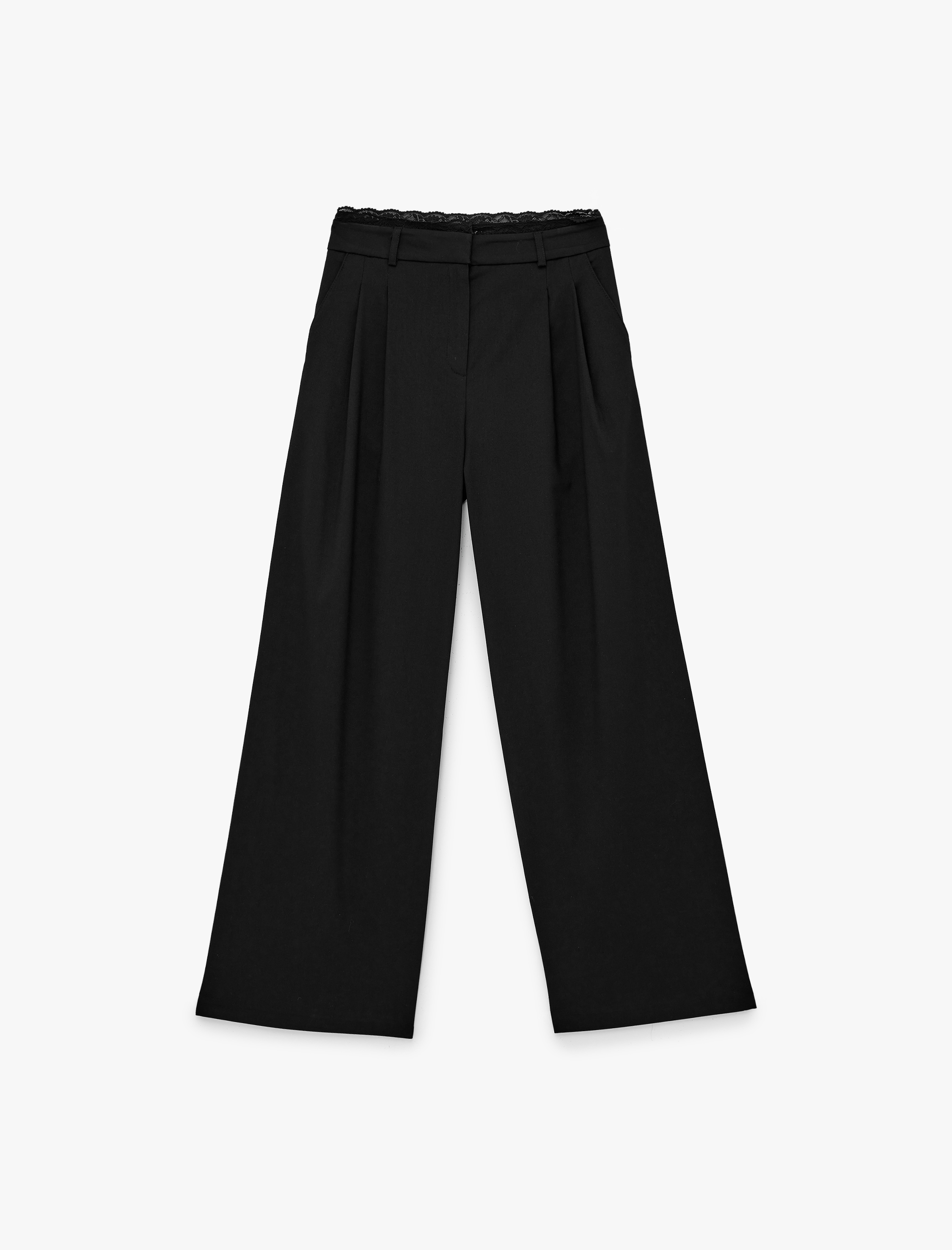   Pile Detaylı Cepli Geniş Paça Kumaş Pantolon