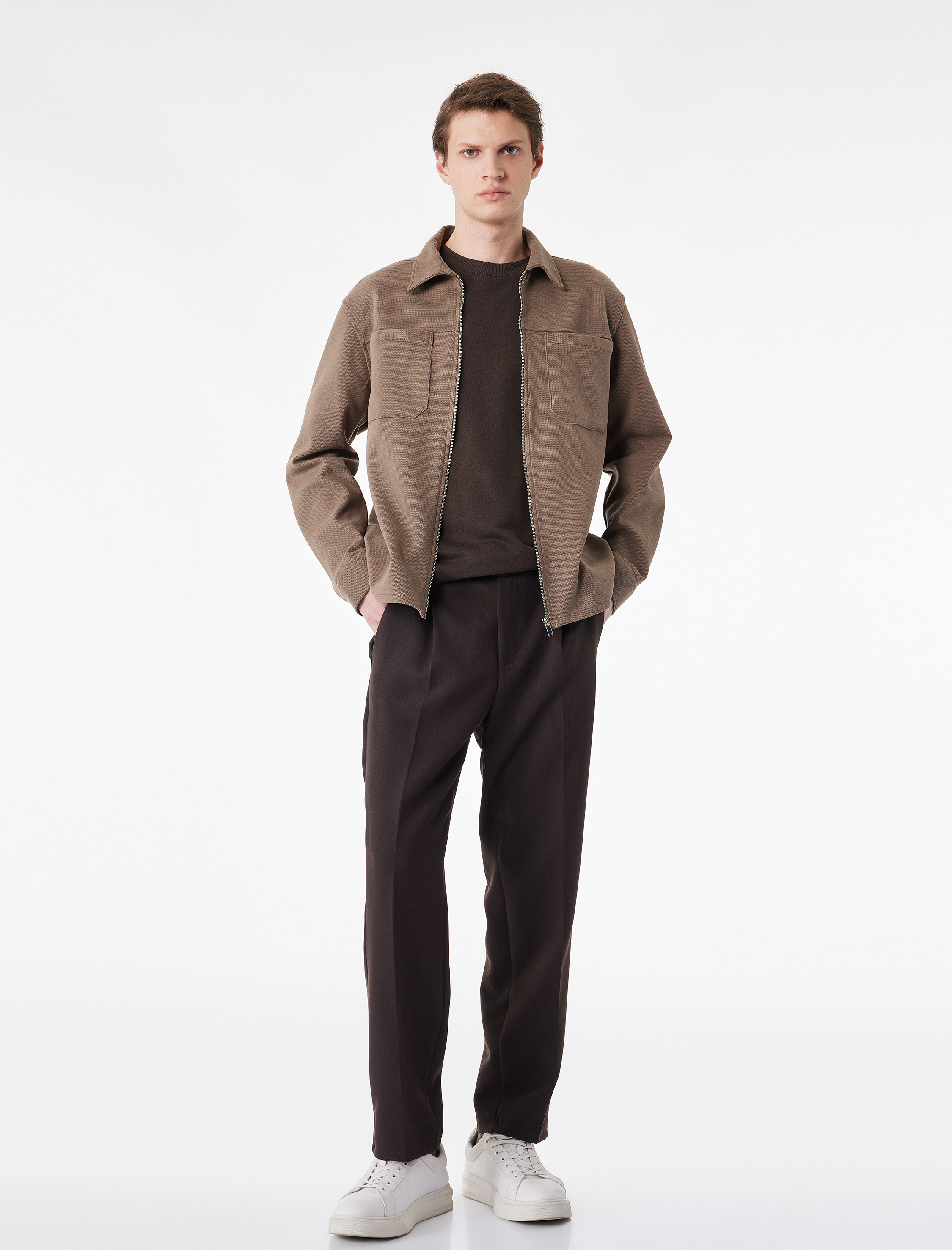   Uzun Kollu Cepli Klasik Yaka Fermuarlı Gömlek Ceket