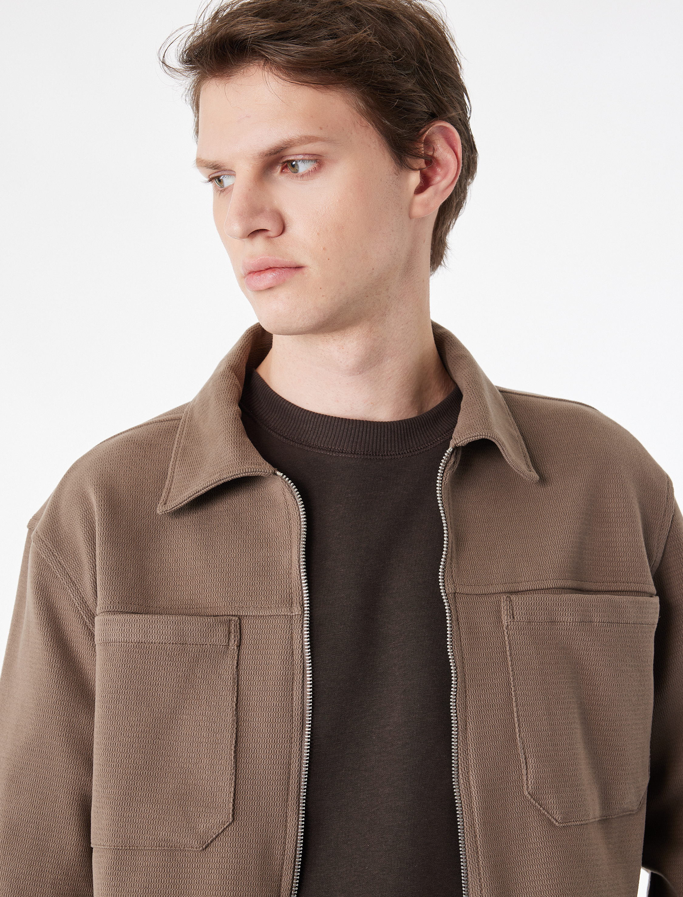   Uzun Kollu Cepli Klasik Yaka Fermuarlı Gömlek Ceket