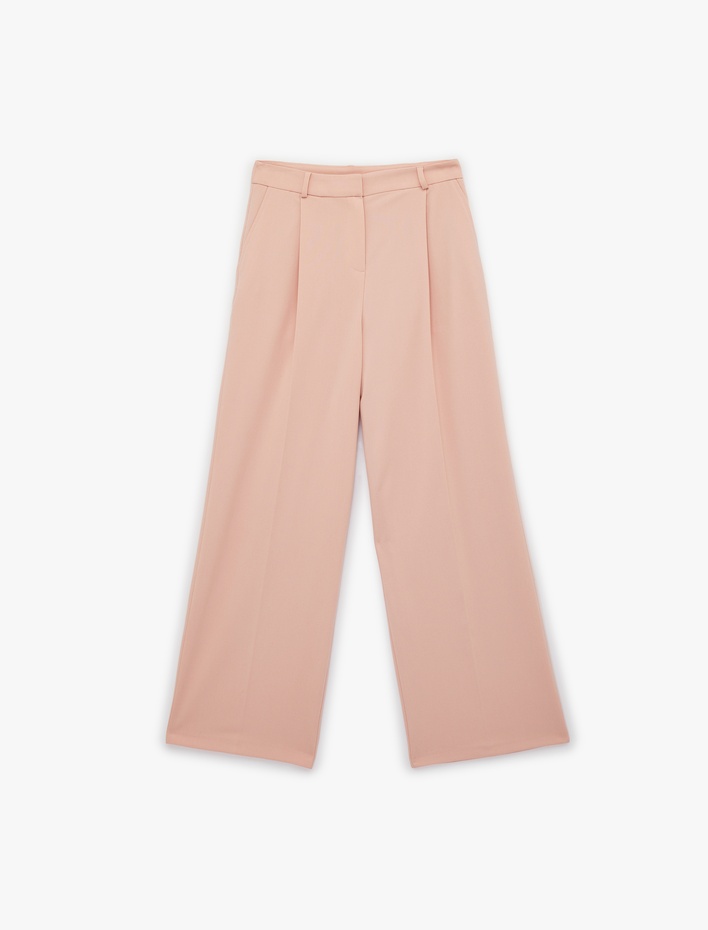  Yüksek Bel Viskon Karışımlı Cepli Pileli Geniş Paça Pantolon