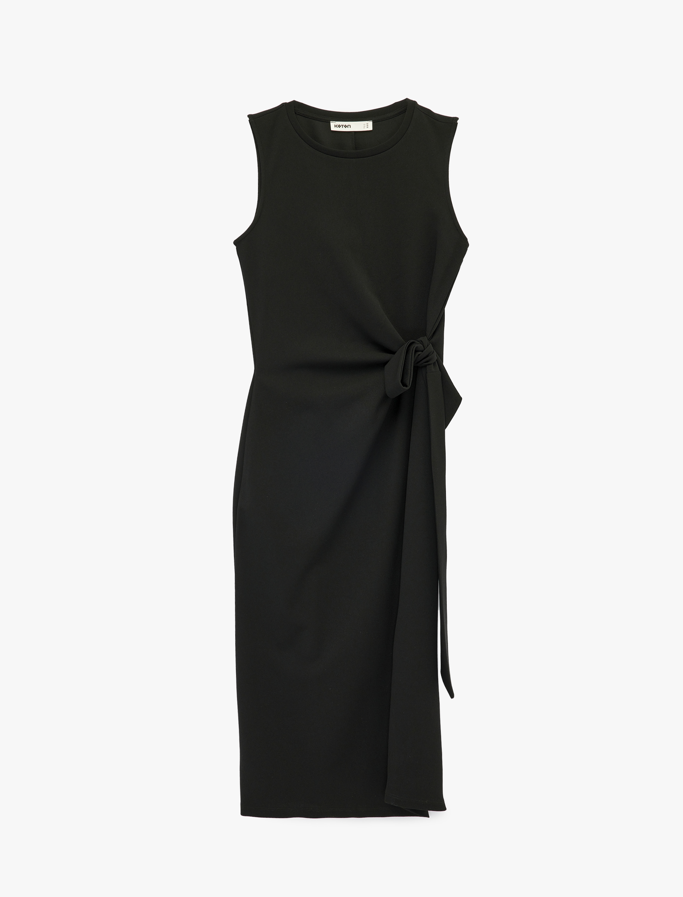   Krep Scuba Kumaş Bisiklet Yaka Kolsuz Bağlama Detaylı Midi Elbise