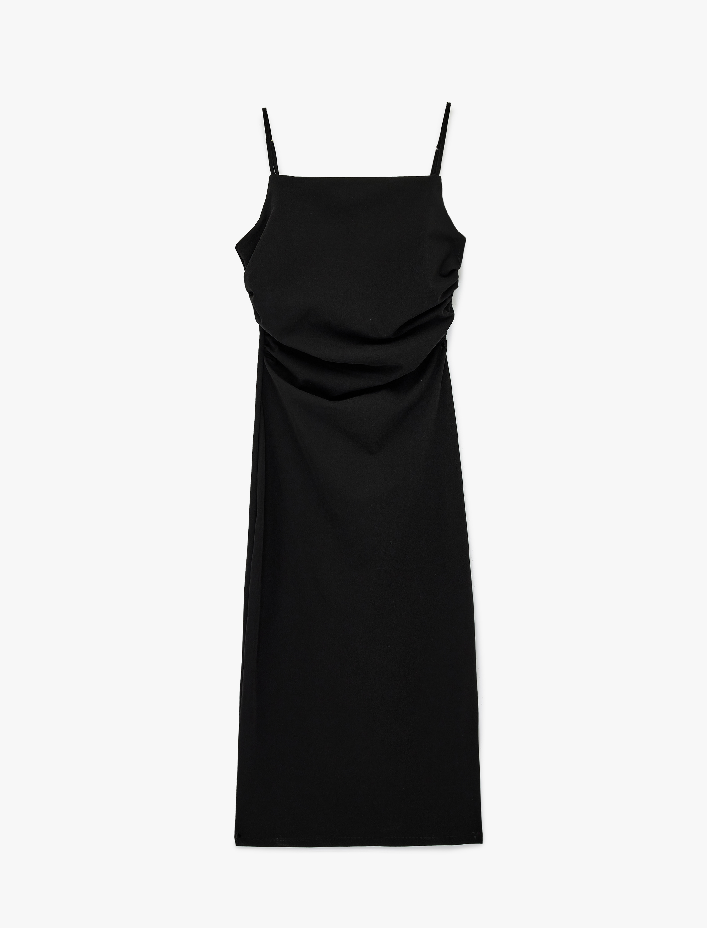   Slim Fit Kare Yaka İp Askılı Bodycon Midi Drapeli Elbise