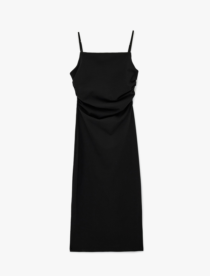  Slim Fit Kare Yaka İp Askılı Bodycon Midi Drapeli Elbise
