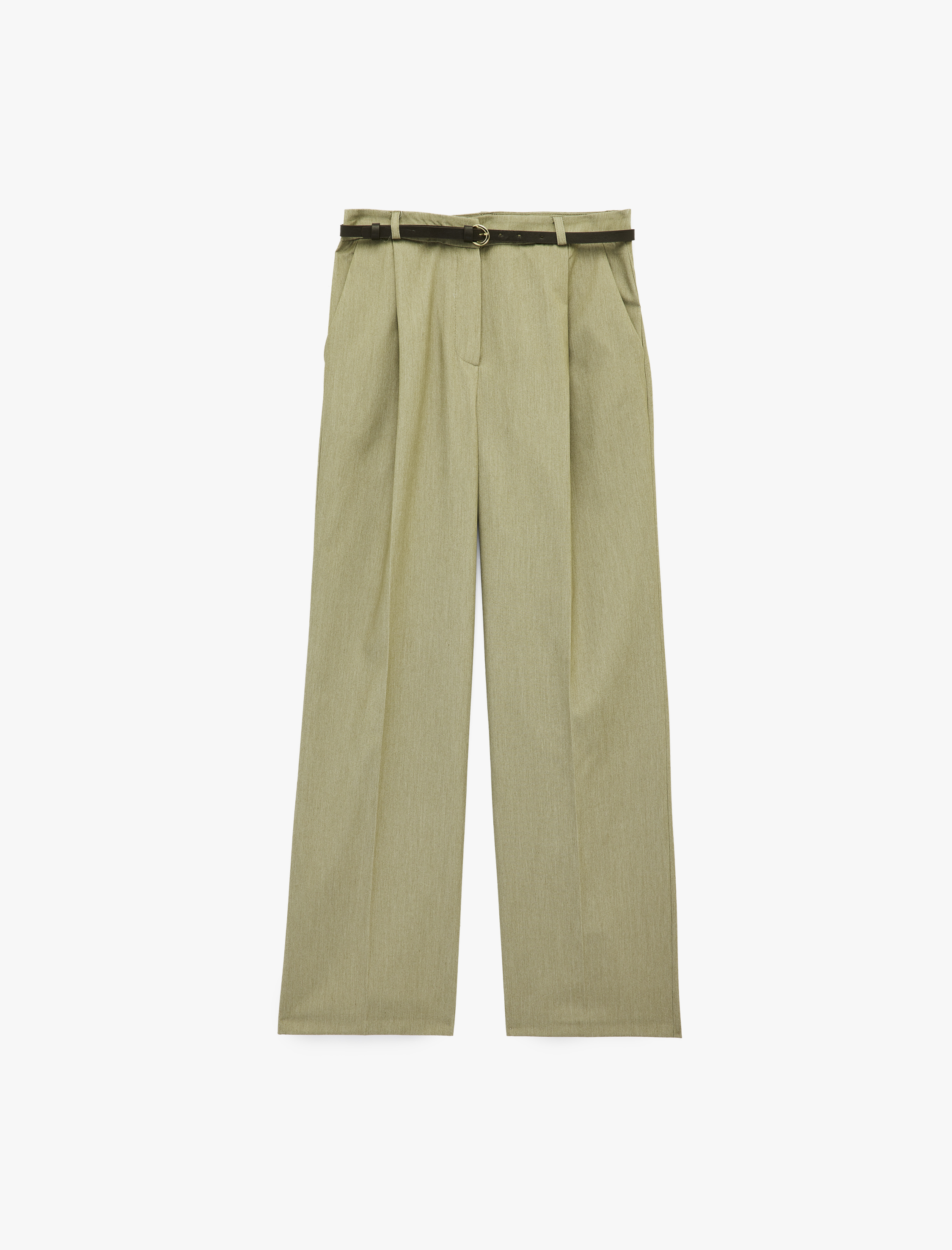   Yüksek Bel Kemerli Pileli Viskon Karışımlı Geniş Paça Pantolon