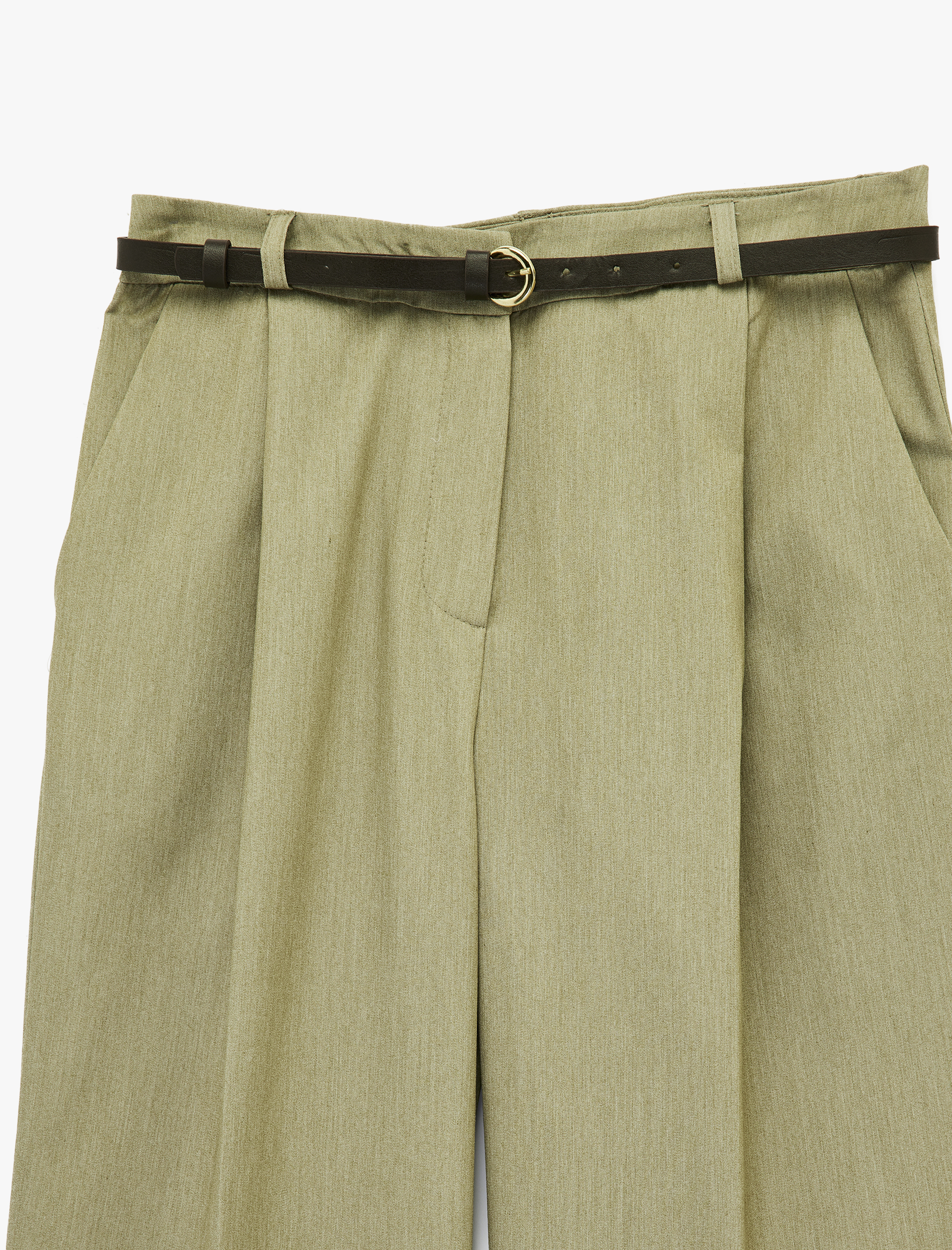   Yüksek Bel Kemerli Pileli Viskon Karışımlı Geniş Paça Pantolon