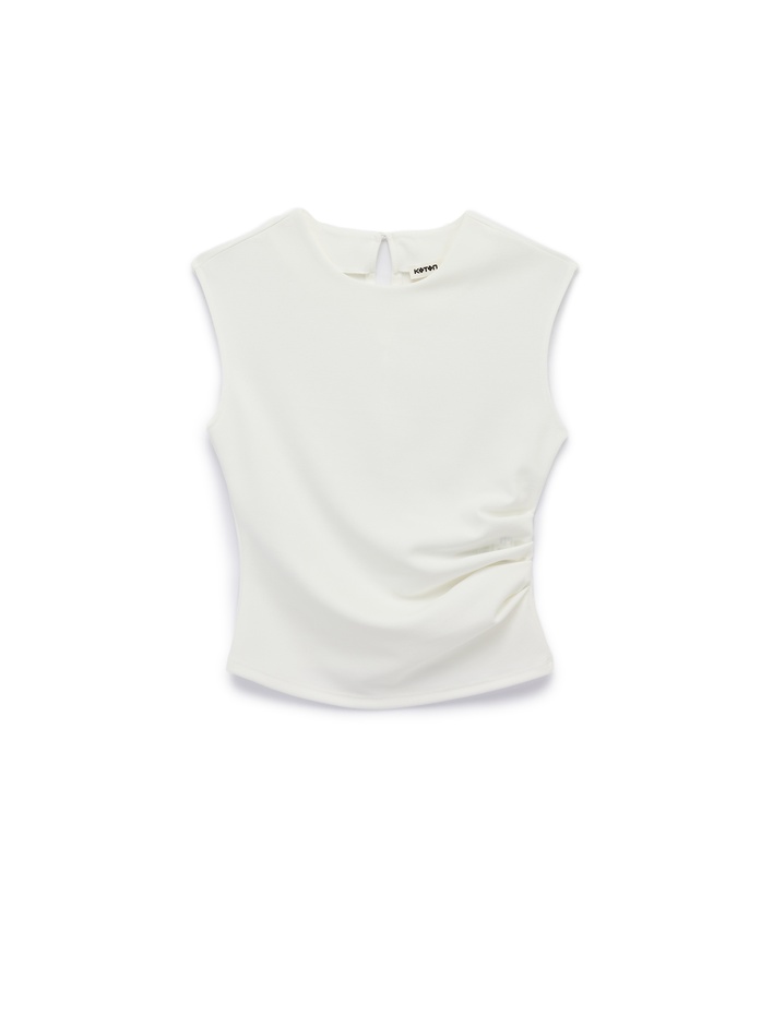  Krep Scuba Kumaş Slim Fit Bisiklet Yaka Kolsuz Drape Detaylı Bluz