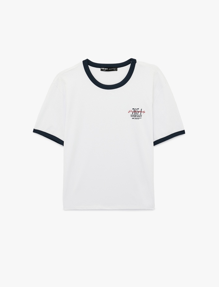  Regular Fit Kısa Kollu Pamuklu Renk Kontrastlı Bisiklet Yaka Baskılı Tişört