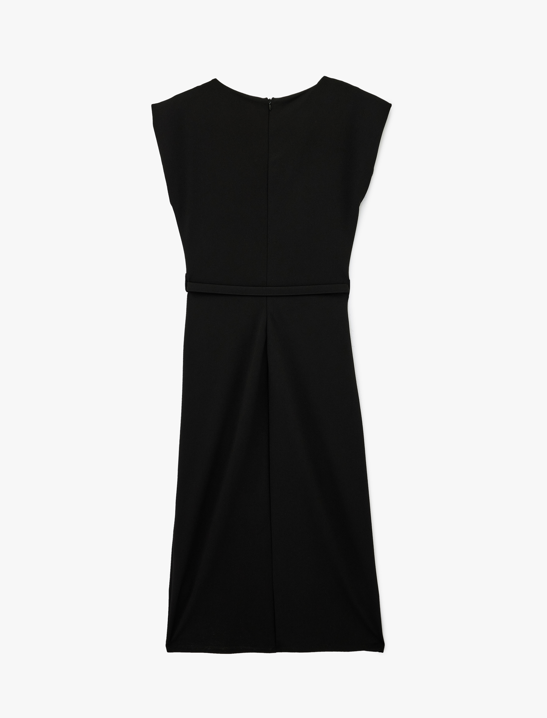   Krep Scuba Kumaş Degaje Yaka Kolsuz Kemerli Midi Elbise